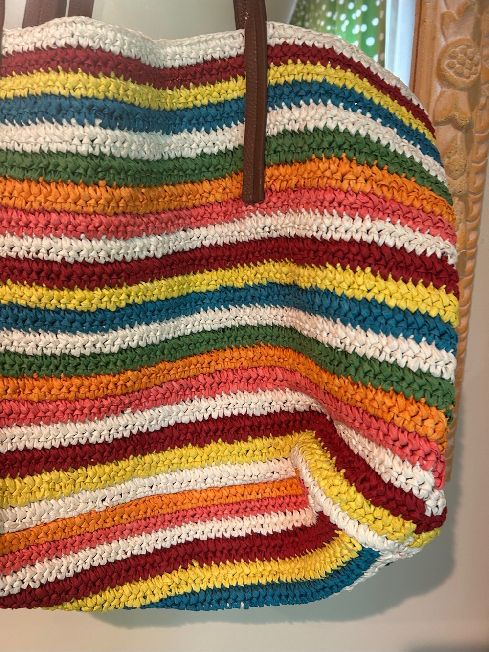 J. Crew Multicolor Striped Crochet Tote Bag with Brown Handles - Picture 6 of 10